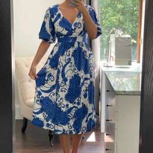 New! Elegant Blue and White Paisley Wrap Around Dress with Sleeves size S fits M